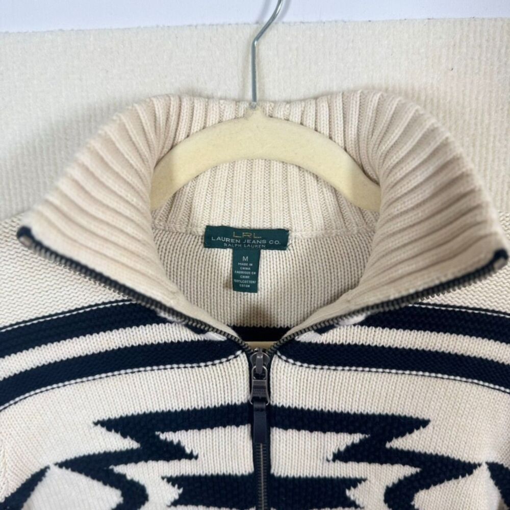 LRL Lauren Jeans Co Aztec Southwestern Zip Cardigan Sweater 100% Cotton M Cream - Picture 2 of 7